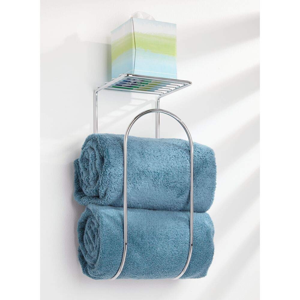 Mdesign Modern Metal Wire Wall Mount Towel Rack Holder And Organizer With Storage Shelf - For Bathroom Towels, Washcloths, Hand